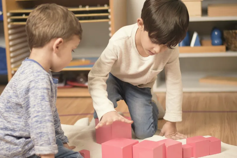 Two boys building with pink cubes
